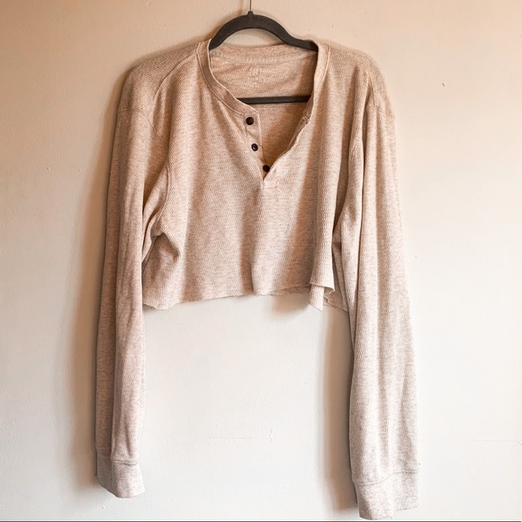SOLD Cream Button Up Waffle Knit Cropped Long Sleeve - Picture 2 of 3